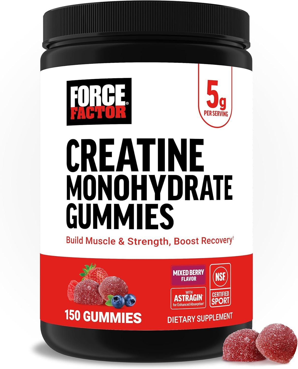Force Factor Creatine Monohydrate Gummies, NSF Certified, 5g Dose for Men & Women to Support Muscle, Strength, Recovery, Cognitive Health & Memory, Mixed Berry, 150 Gummies