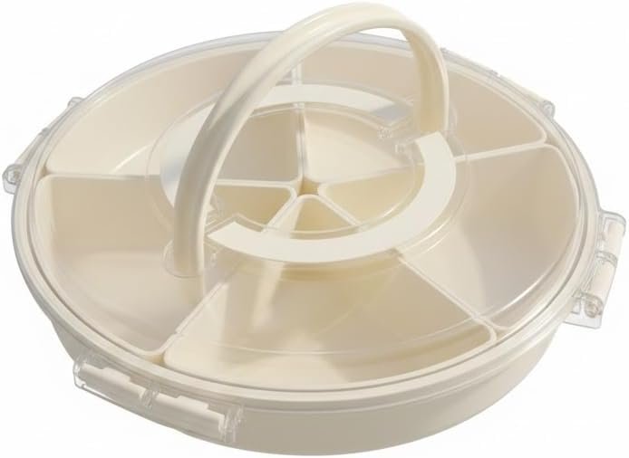 Portable 5-Compartment Rotating Snack Tray with Handle & Lid, Airtight Food Storage Organizer for Fruits, Nuts, and Veggies, Round Moisture-Proof Container for Home & Social Gatherings