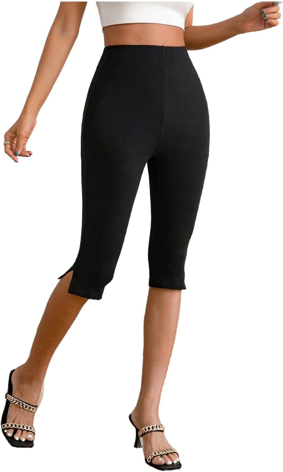MakeMeChic Women’s Capri Pants High Waisted Elastic Leggings Casual Yoga Going Out Dressy Capri Pants