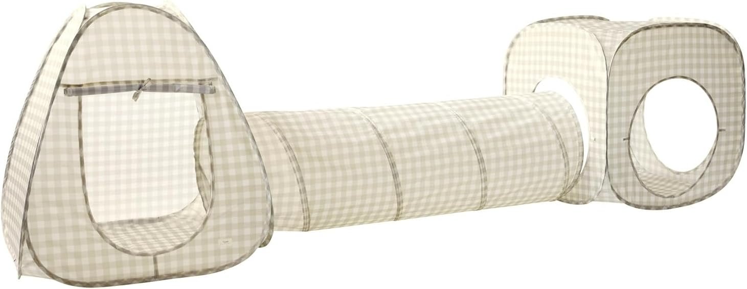 3 Sprouts Play Tent & Tunnel Set for Kids & Toddlers – 3-in-1 Pop Up Play Tent with Crawl Tunnel & Adventure Playhouse – Indoor Fun for Baby and Kids, for Boys & Girls – Gingham Beige