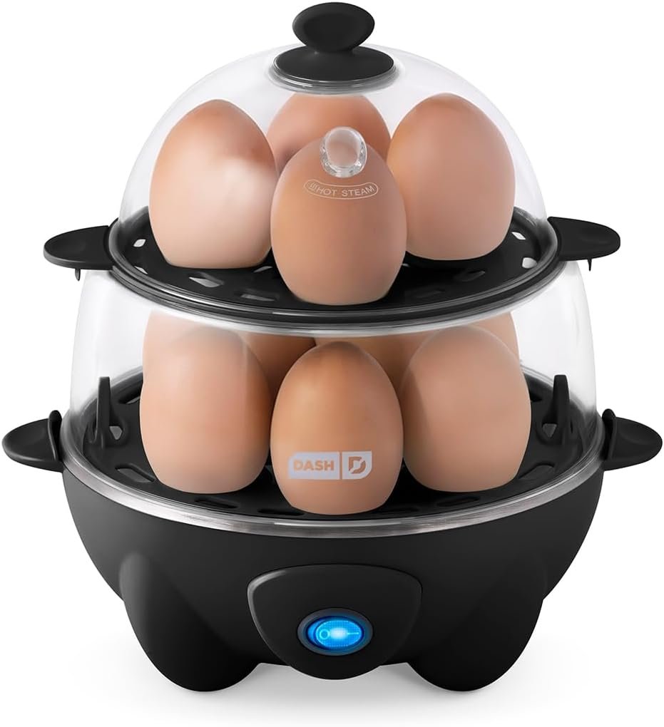 Dash Deluxe Egg Cooker – Boiler, Poacher & Steamer – Includes Measuring & Recipe Guide – Dishwasher Safe – Holds 12 Eggs, Black