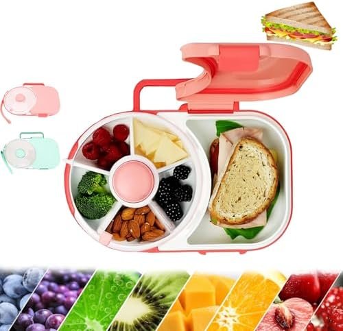 Rotating Portable Snack Box Container with 5 Small & 1 Large Compartments, Reusable, Hand Strap, Perfect for On-The-Go Snacks for Kids & Adults