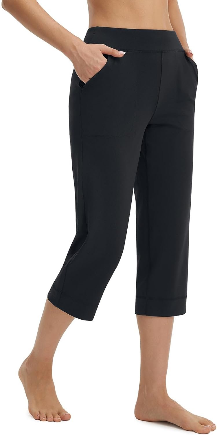 baleaf Womens Capri Pants High Waisted Straight Leg Yoga Capris Leggings with Pockets Cropped Workout 21″ Summer Pants