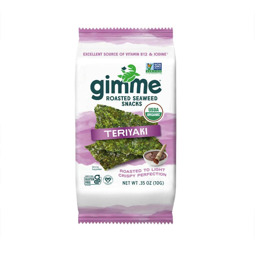 Gimme Seaweed Organic Premium Roasted Seaweed Snacks, Teriyaki, 10g Sharing Pack (Single) Keto, Vegan, Gluten-Free, Great Source of Omega3s and Iodine Healthy On-The-Go Snack for Kids and Adults
