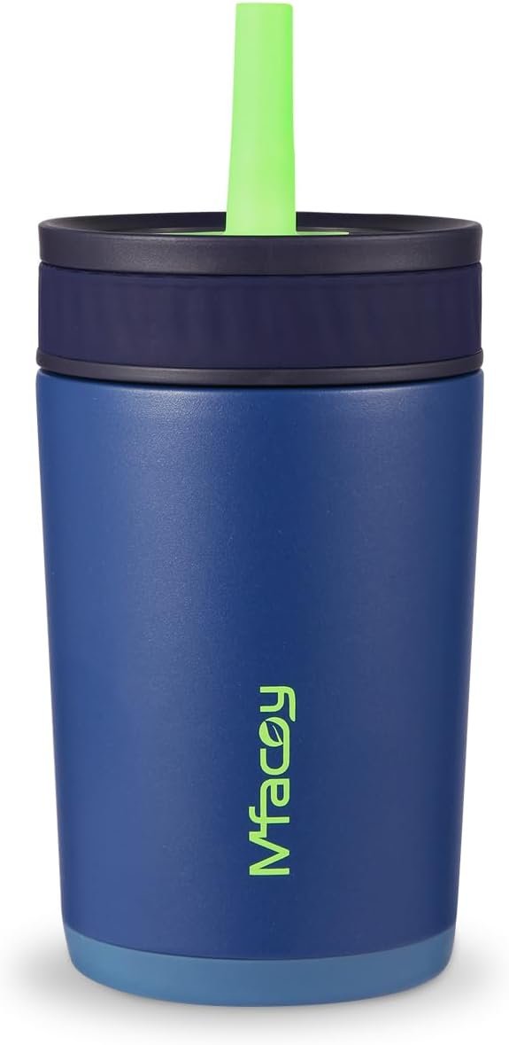 Mfacoy Blue Kids Insulation Stainless Steel Tumbler with Spill Resistant Flexible Straw, Small Water Bottle, Smoothie Cups, Non Plastic, Great for Travel Home School, Dishwasher Safe, 12 Oz
