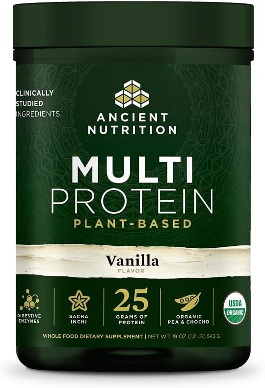 Ancient Nutrition Organic Multi Protein Plant Based Powder, 25g Protein, Hydrolyzed Pea Protein, Digestive Enzymes & Probiotics, Supports Muscle & Gut Health, Vanilla, 15 Servings