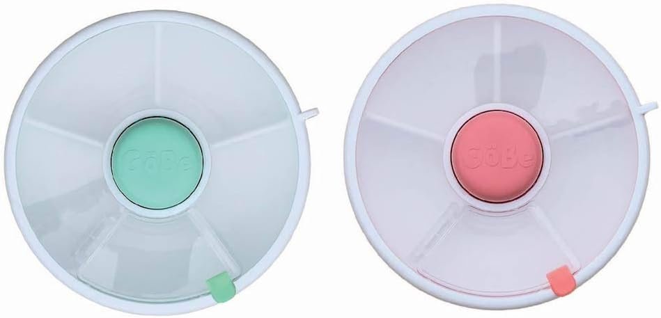 GoBe 2 Pack Kids Snack Spinner – Teal/Coral – Reusable Snack Container with 5 Compartment Dispenser and Lid – Leakproof, Spill-Proof – for Toddlers, Babies, Home, Travel