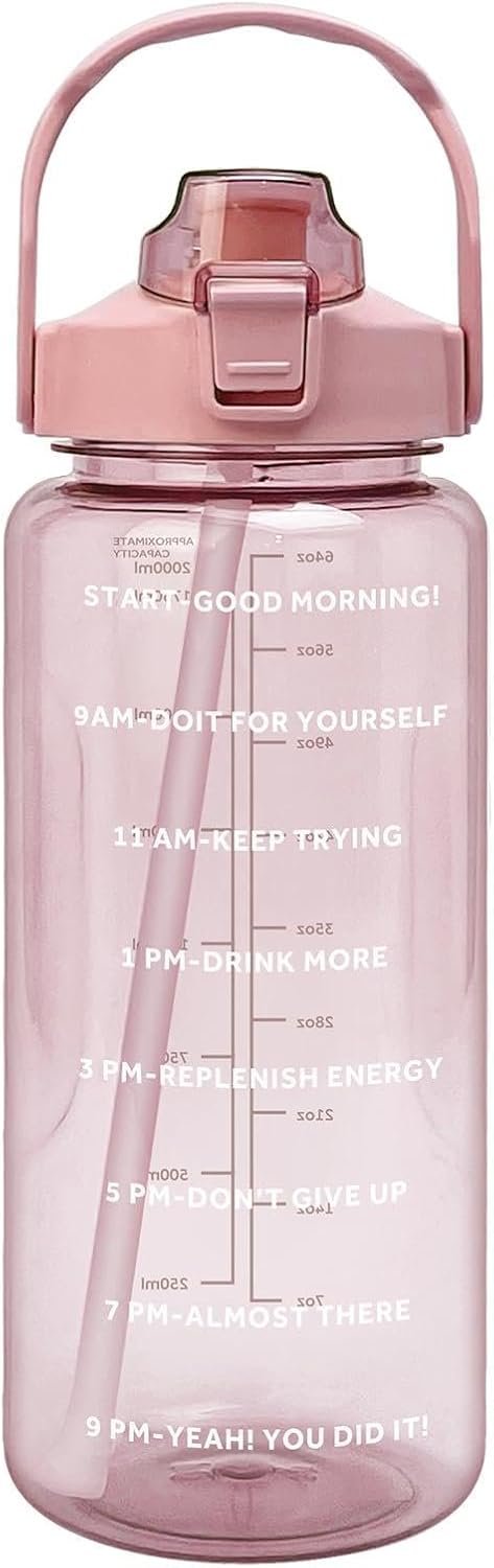 64 oz Transparent Motivational Water Bottle with Time Marker & Straw, Leakproof BPA Free Half Gallon Water Jug with Handle, Large Sports Bottle for Gym Outdoor (Pink)