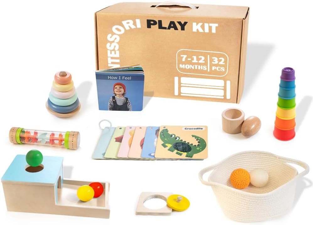 WOODMAM Montessori Toys for Babies 7-12 Months, 9 in 1 Educational Wooden Toys Set, Includes Object Permanent Box, Stacking Cups, Mirror Puzzle, Ring Stacker and More