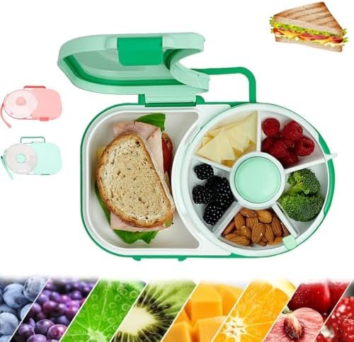 Rotating Snack Box Container – 5 Small & 1 Large Compartments, Portable & Reusable, Hand Strap – Ideal for On-The-Go Snacks for Kids & Adults