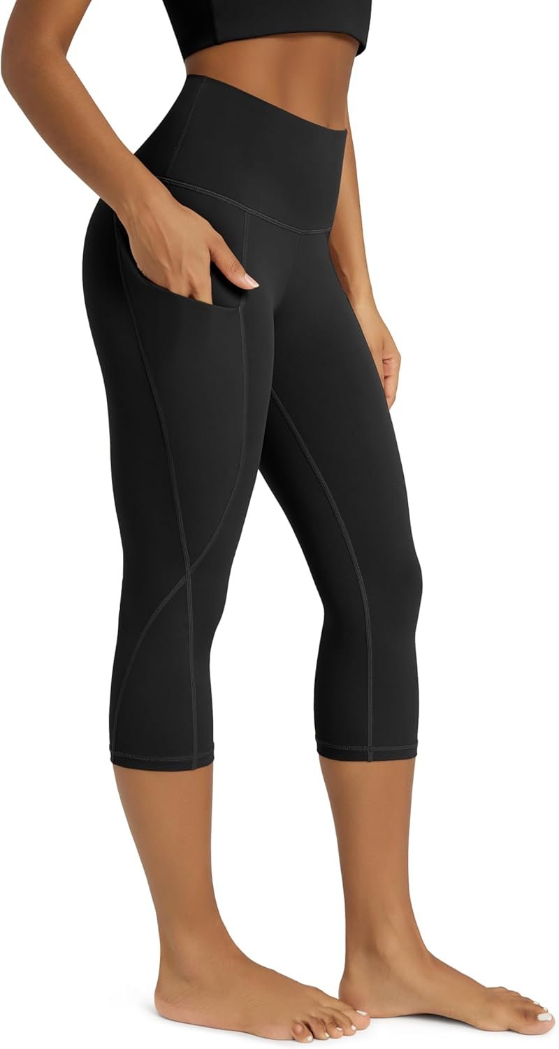 ODODOS Women’s High Waisted Yoga Capris with Pockets, Tummy Control Non See Through Workout Athletic Running Capri Leggings