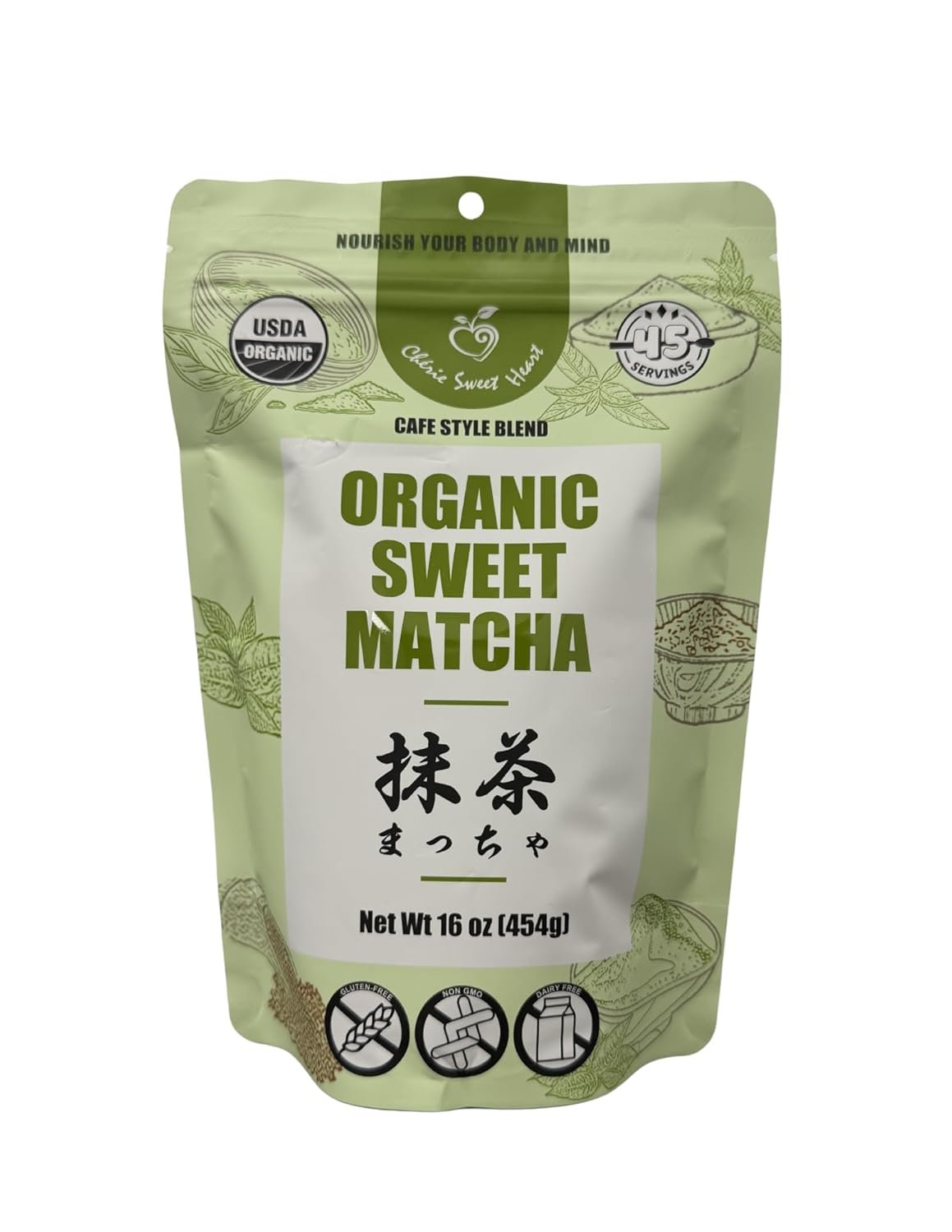 Organic Sweet Matcha Green Tea Powder – Cafe Style Blend by Cherie Sweet Heart – 16oz, Vegan & Gluten-Free, Rich in Antioxidants, Perfect for Lattes, Smoothies & Baking