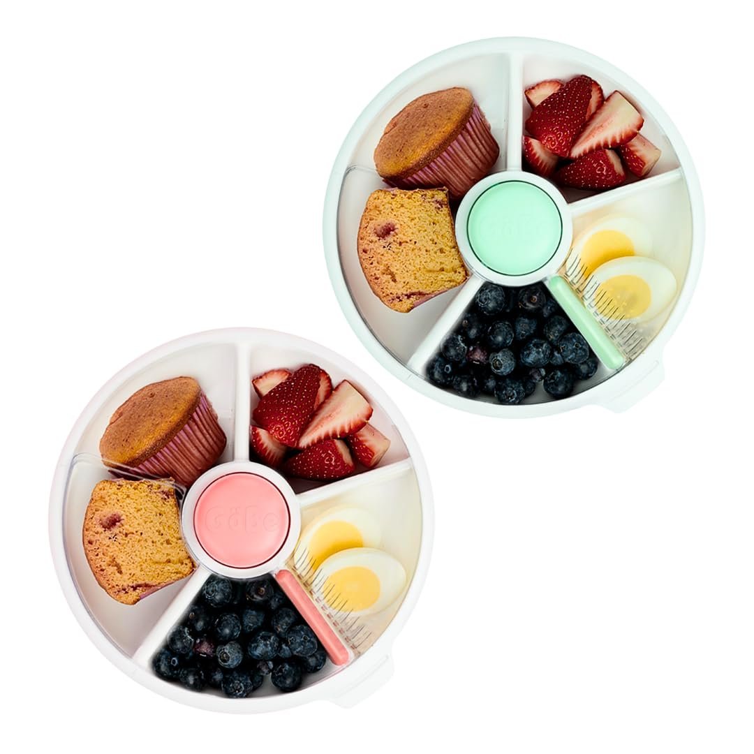GoBe Kids Coral Pink and Mint Green Large Snack Spinner – Reusable Snack Container with 5 Compartment Dispenser and Lid | BPA and PVC Free | Dishwasher Safe | No Spill, Leakproof