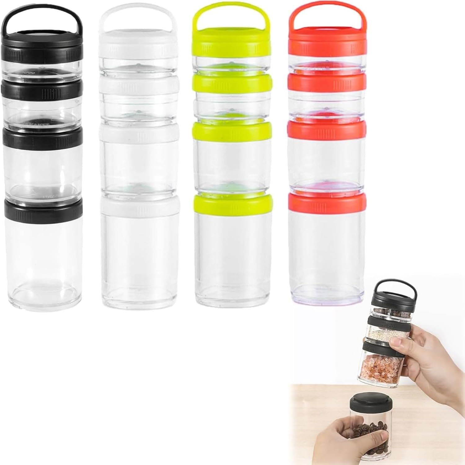 Portable Travel Stackable Snack Containers, 4 Jar – 40cc,60cc,100cc,150cc Scale Jar,Nut Box,Snack Storage Jars and Portion Control,Twist-Lock Food Storage Container with Lid(Random Color)