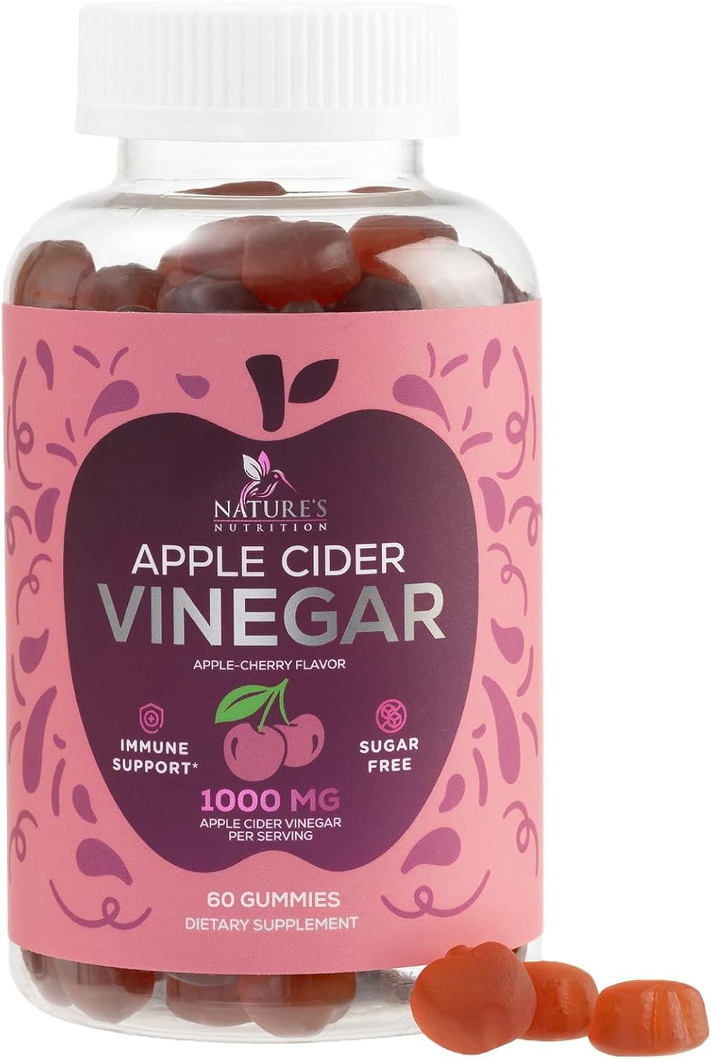 Apple Cider Vinegar Gummies 1000mg Per Serving – Sugar Free ACV Gummy Vitamins Supplement – Vitamin B12 & B6 for Energy – Digestion, Detox & Cleanse Support, Vegan, Gluten-Free, Non-GMO – 60 Gummies