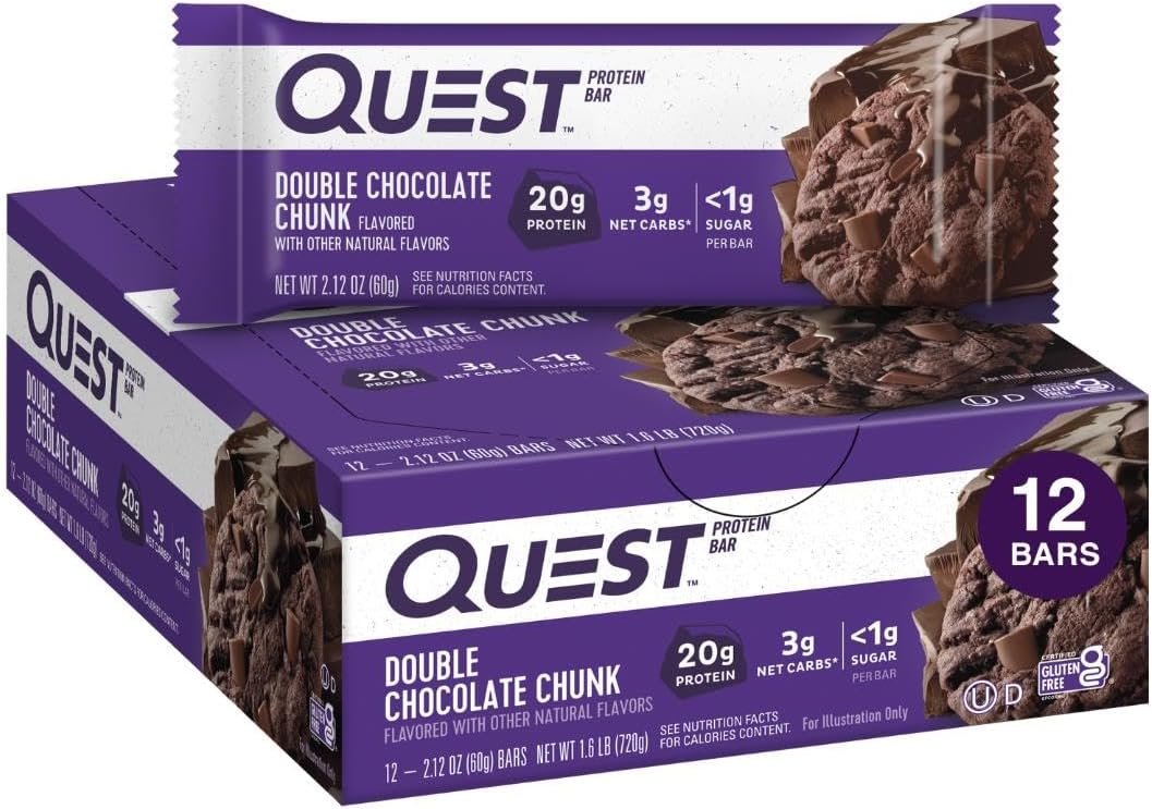 Quest Nutrition Double Chocolate Chunk Protein Bars, 20g Protein Bars, 1g Sugar, Gluten Free, Keto Friendly, 12 Count