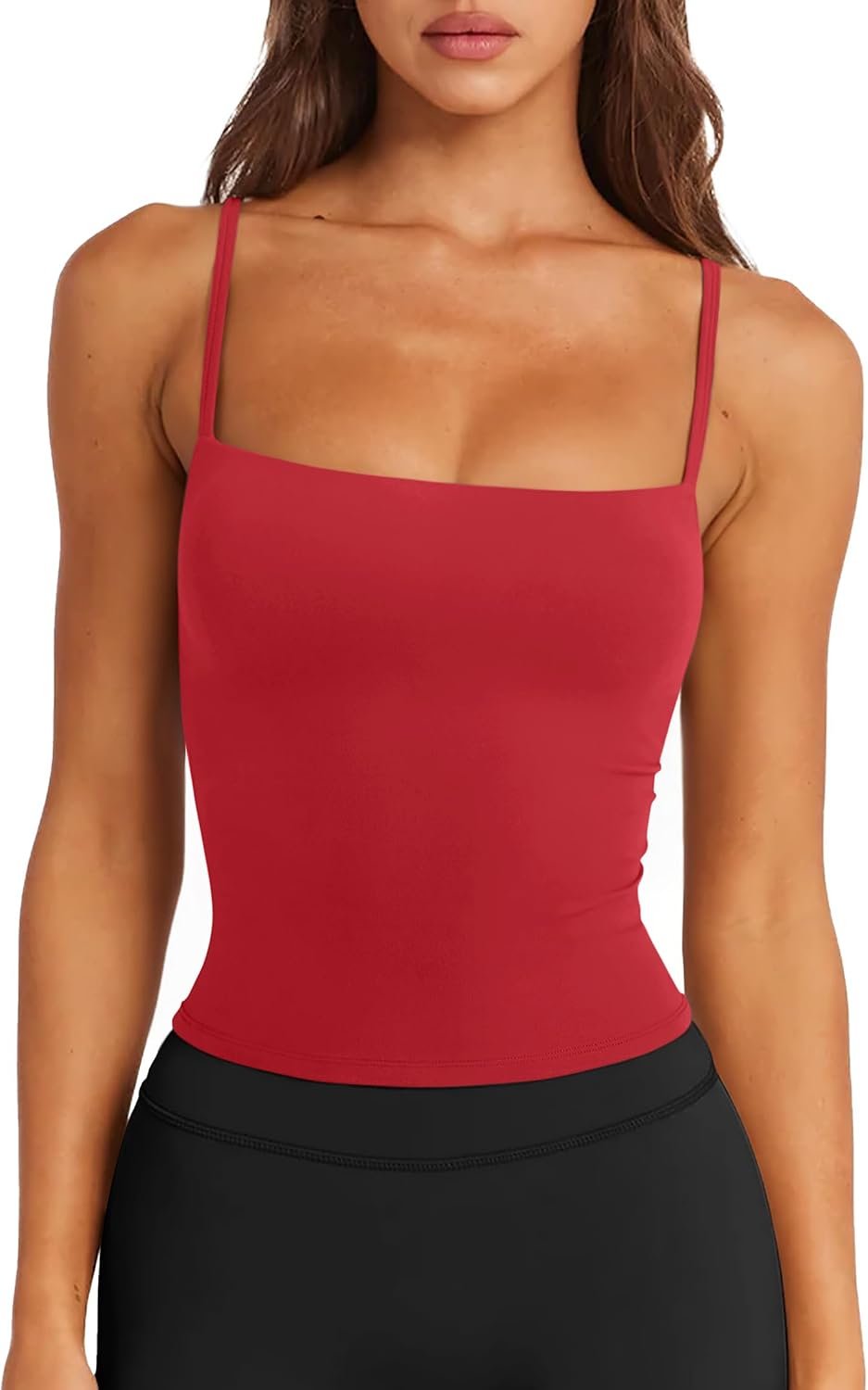 LASLULU Sports Bras for Women Square Neck Padded Adjustable Spaghetti Strap Backless Sleeveless Workout Long Tank Tops