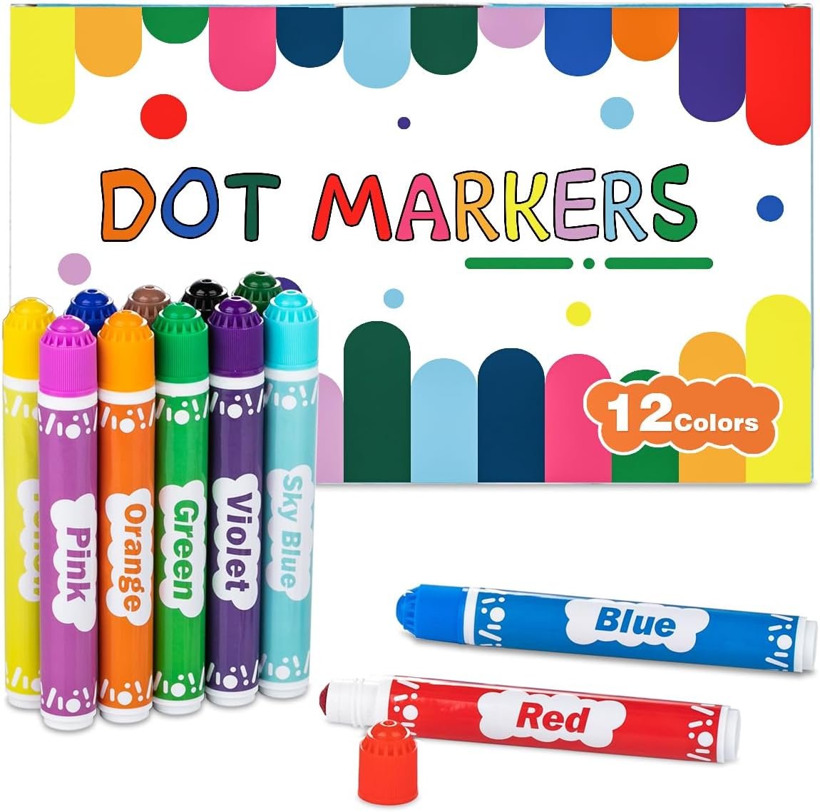 DOSEWART Dot Markers for Kids, 12-Color Bingo Daubers, Washable Bingo Markers for Kids Drawing Coloring, Arts and Crafts Supplies Dot Paint Marker Set