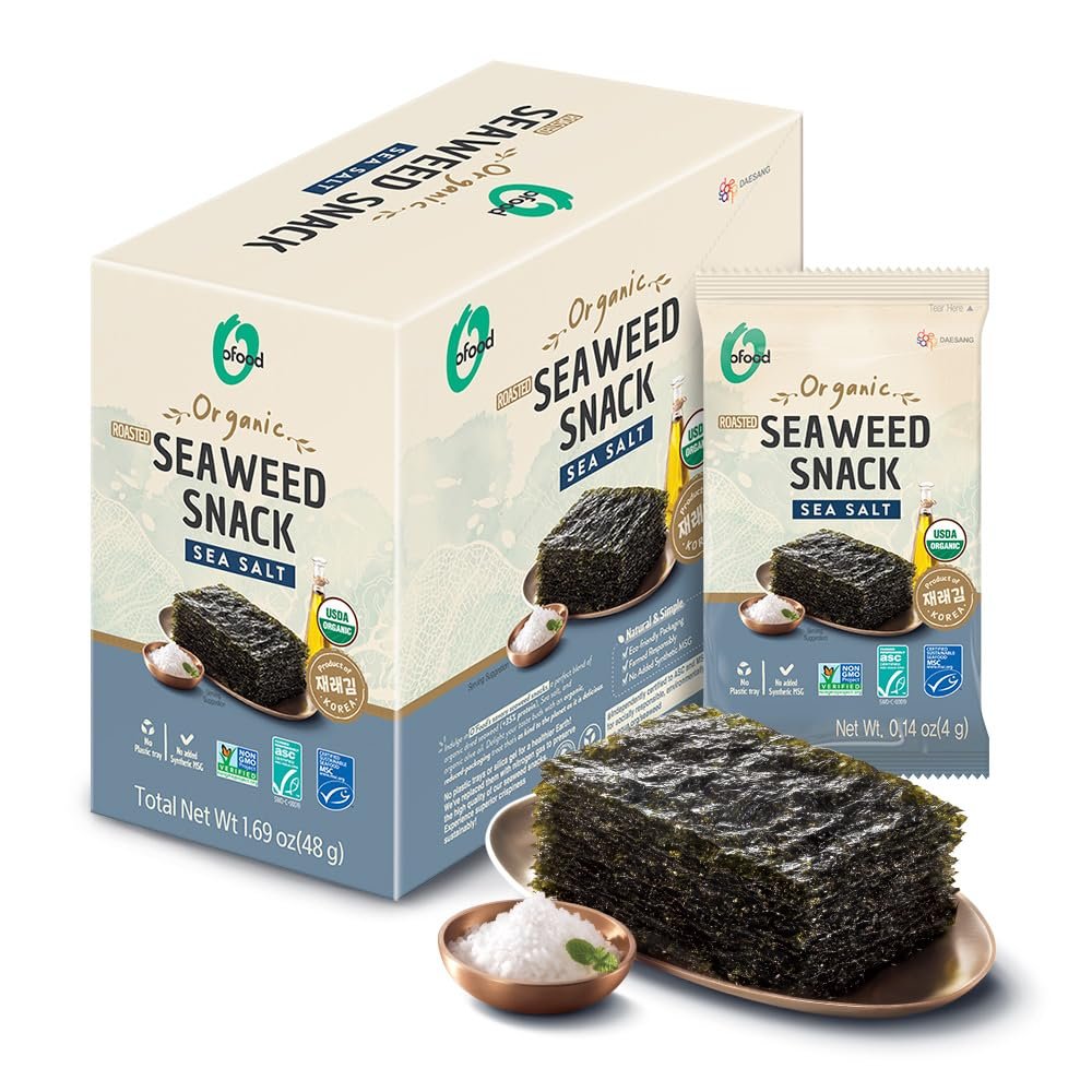 Roasted Seaweed Snack | Crispy Korean Laver Sheets | Vegan | Gluten-Free Nori | Low-Calorie | Perfect for Sushi, Rice Bowls, Snacks, Lunchboxes, Picnics, Plant-Based Korean Seaweed Chips – O’food [Sea Salt | Pack of 12]