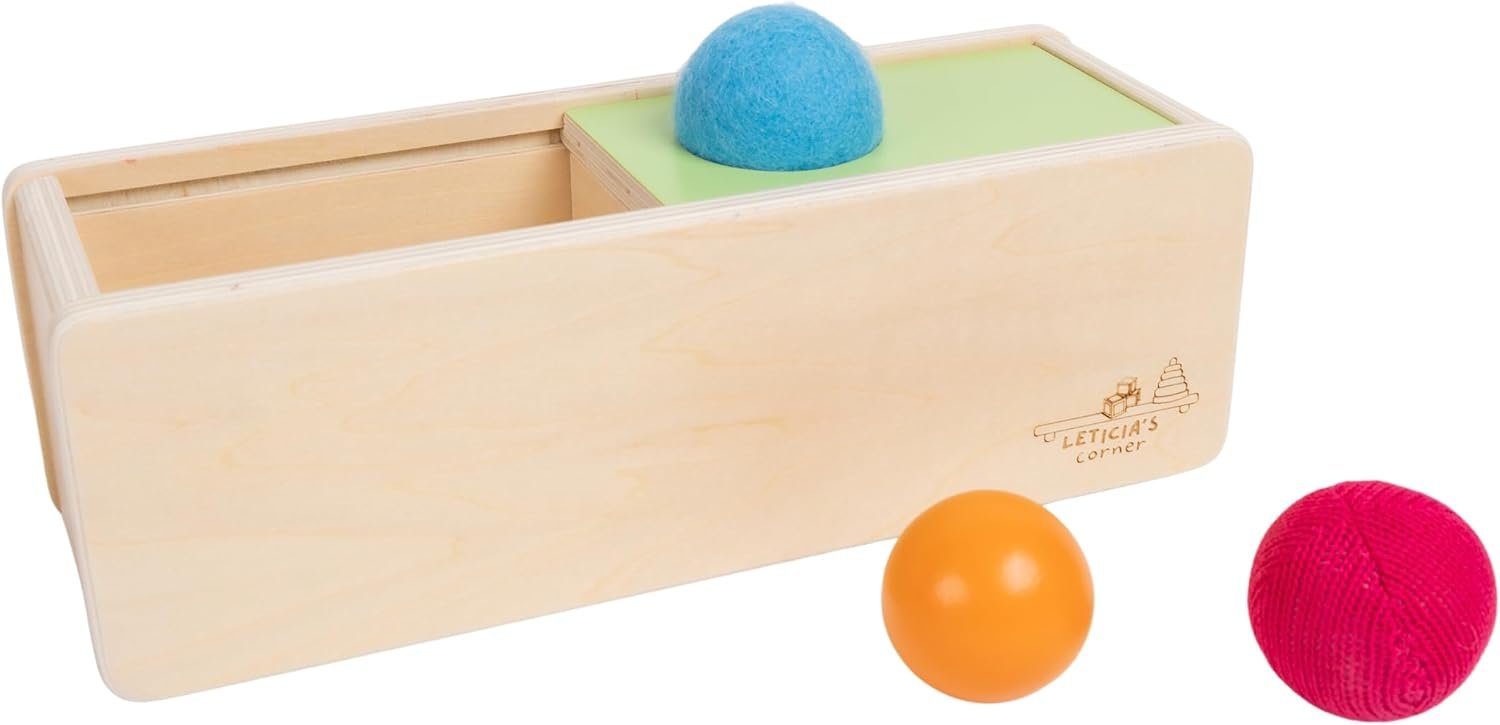 Leticia’s Corner Montessori-Inspired Wooden Object Permanence Box, Sliding Top Box with Felt, Wooden and Knitted Balls, Imbucare Box, Ball Drop, Montessori Toy for Babies 6 Months and Older