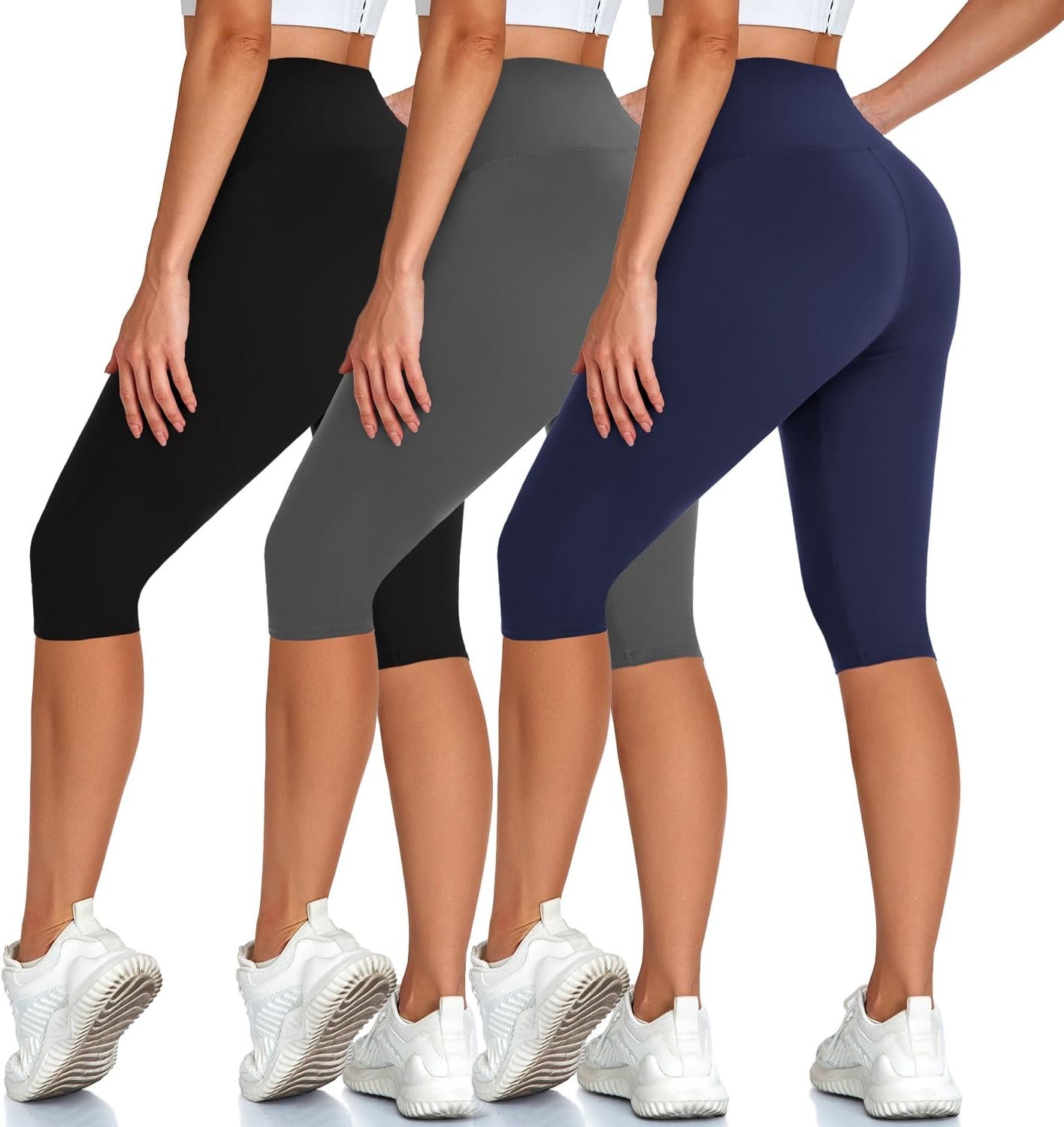 High Waisted 3 Pack Women’s Capri Pants – Knee Length Yoga Shorts, Biker Workout Leggings for Women,Summer Activewear