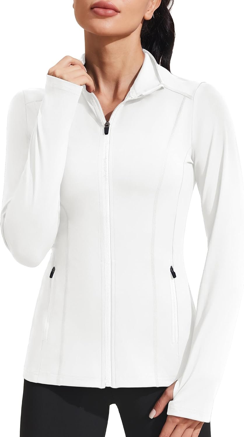PINSPARK Women’s Athletic Jackets Slim Fit Workout Jacket Full Zip Up Running Gym Yoga Sports Tops with Pockets