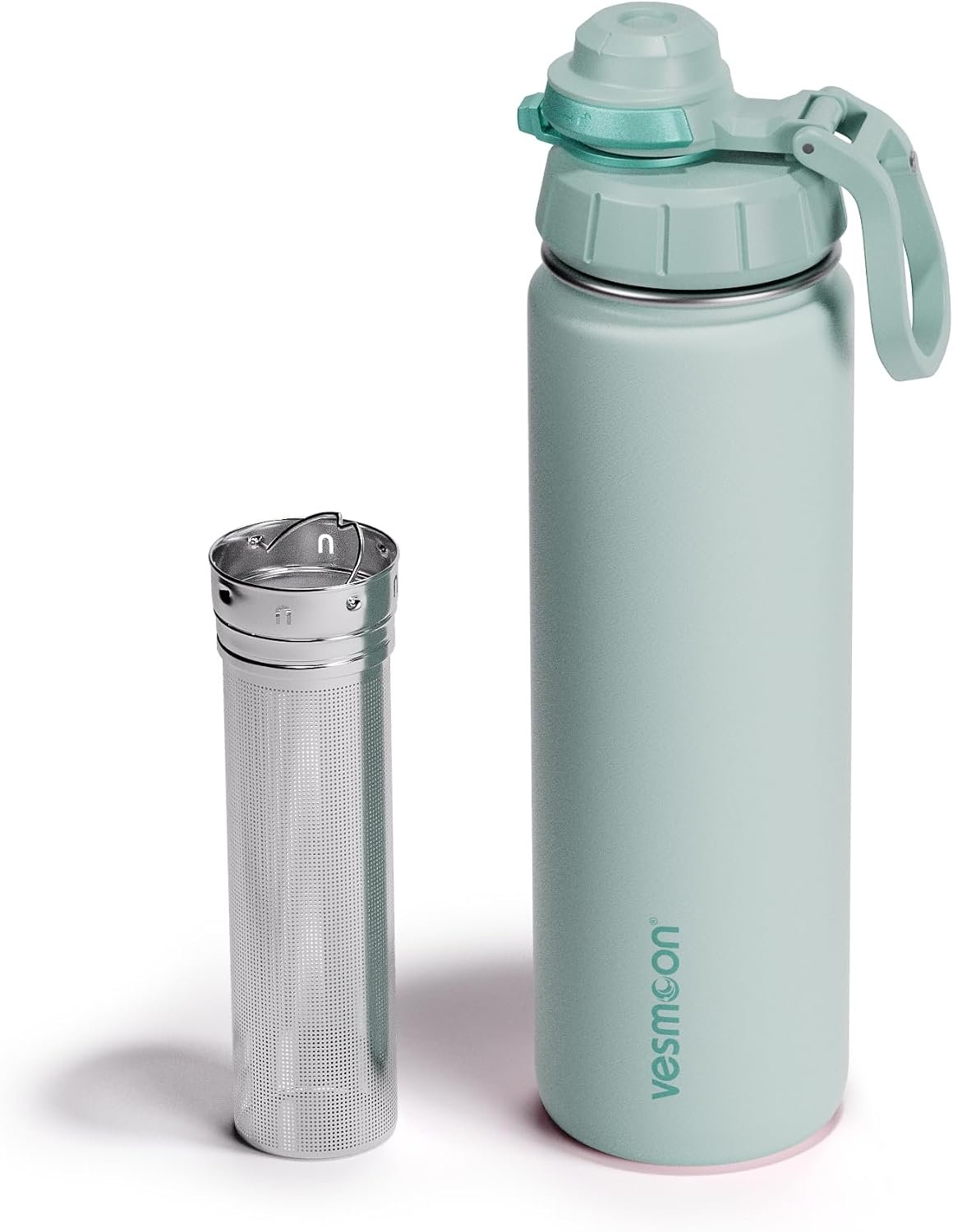 Vesmoon Vessence 24 Oz Stainless Steel Tea Infuser Bottle for Loose Leaf Tea, Water, Herbs, Fruits – Triple Layered Insulated, Leak Proof Bottle with Lid and Clip Handle – 24 Hours Hot/Cold