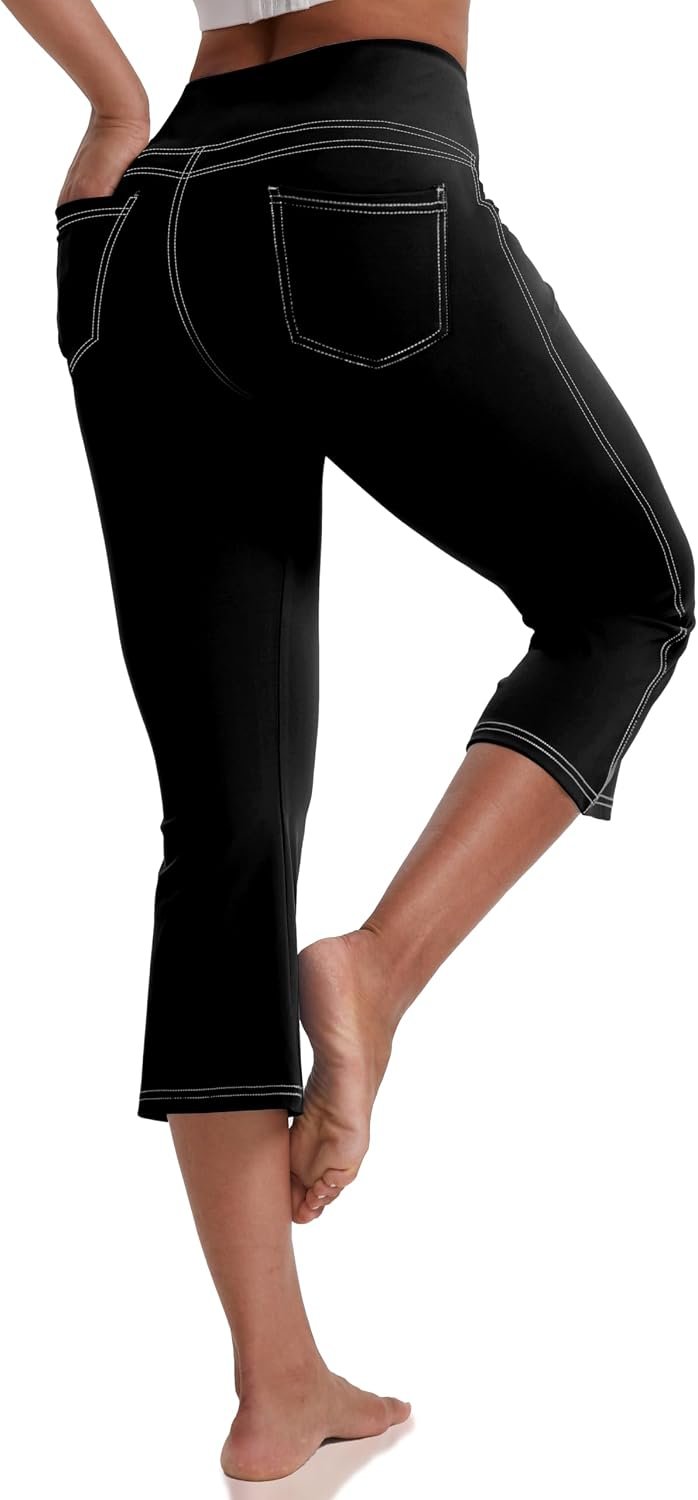 VOOVEEYA Women’s Capri Leggings, Yoga Capris Pants with Pockets Stretchy Crop Pants High Waisted Straight Leg 21″