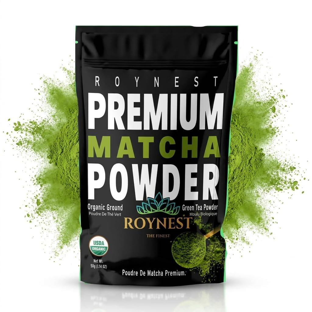 Roynest Premium Certified Organic Matcha Powder – 100% Pure Matcha for Iced Lattes, Smoothies, Cold Drinks & Baking – Clean Energy, Vegan, Non-GMO,- 50g Resealable Pouch