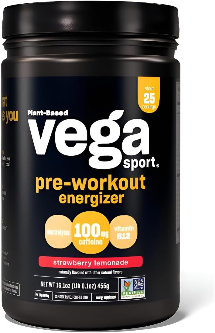 Vega Sport Pre-Workout Energizer, Strawberry Lemonade – Pre Workout Powder for Women & Men, Supports Energy and Focus, Electrolytes, Vegan, Keto, Gluten Free, Non GMO, 1.1 lbs