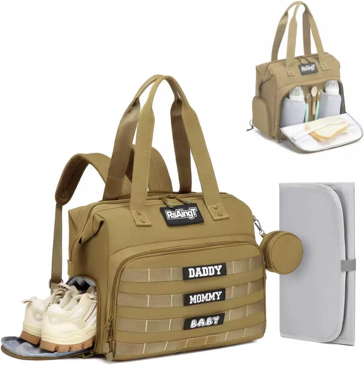 Tactical Diaper Bag Backpack for Dad, Large Utility Baby Changing Bag with Insulated Bottle Holders(Kakki)