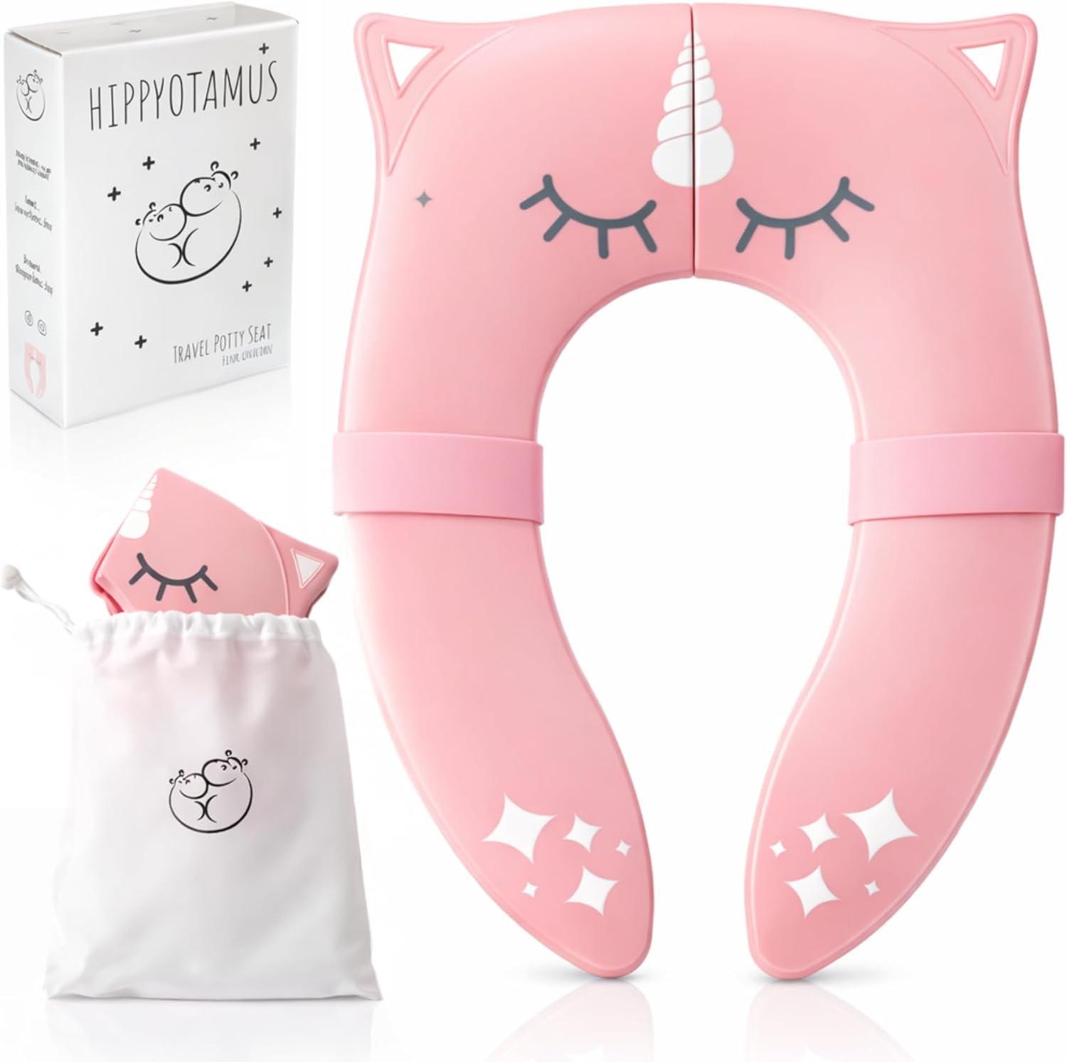 Hippypotamus Travel Potty Seat for Toddler – No-Pinch Folding Potty Training Seat – Non-Slip Silicone Grips – Includes Free Travel Bag (PINK Unicorn)