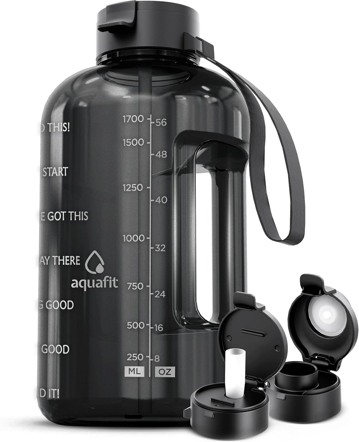 AQUAFIT Half Gallon Water Bottle with Time Marker – Straw & Chug Lid – BPA Free Gym Water Bottle with Straw – Big Gallon Jug (Gray, 64 oz – 2 Lids)