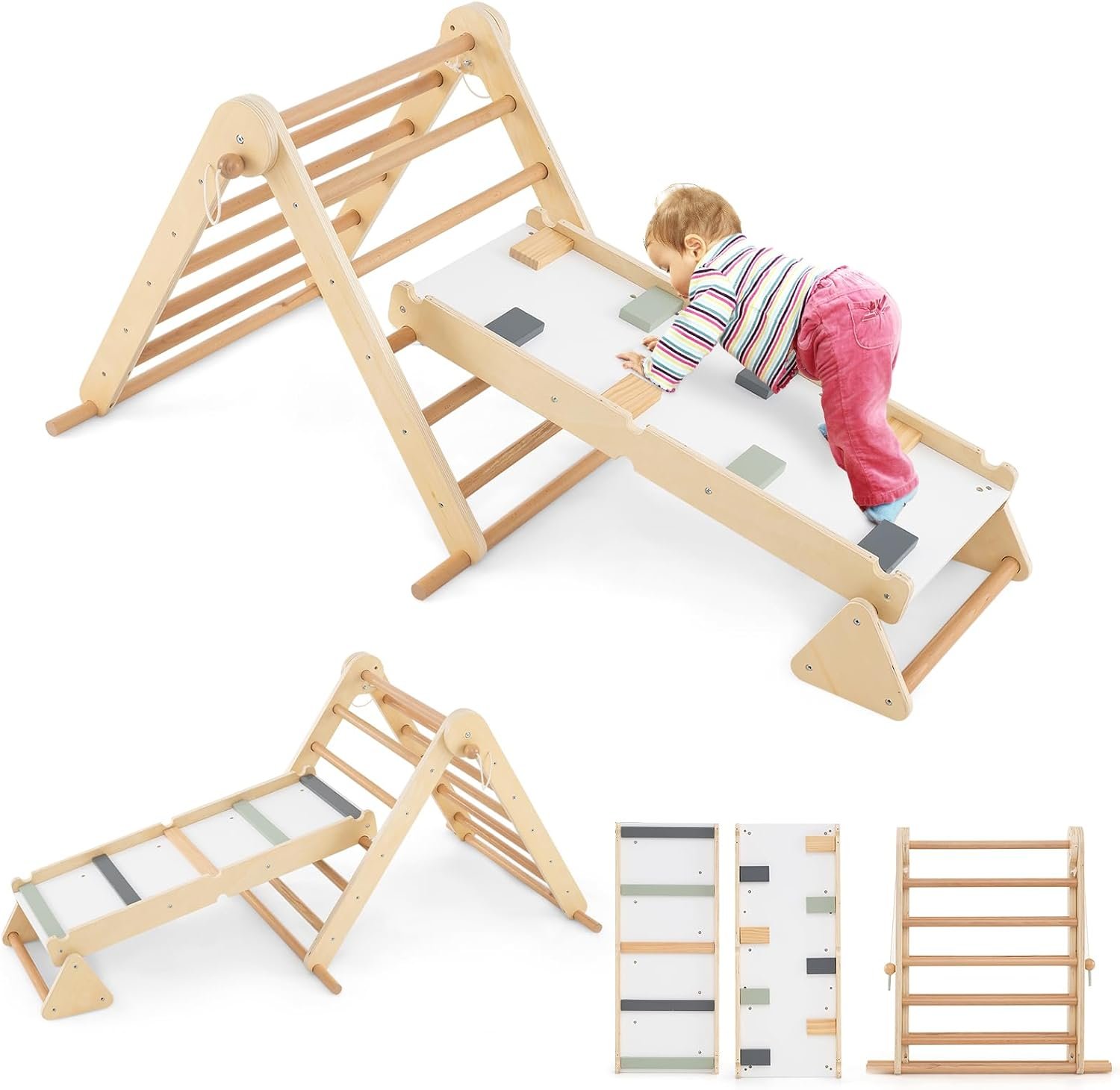 Costzon 3 in 1 Triangle Climbing Set, Kids Montessori Climbing Toys with Dual Side Ramp, Adjustable Climbing Triangle, Foldable Wooden Climber Jungle Gym for Toddlers Boys Girls 3+ Years Old
