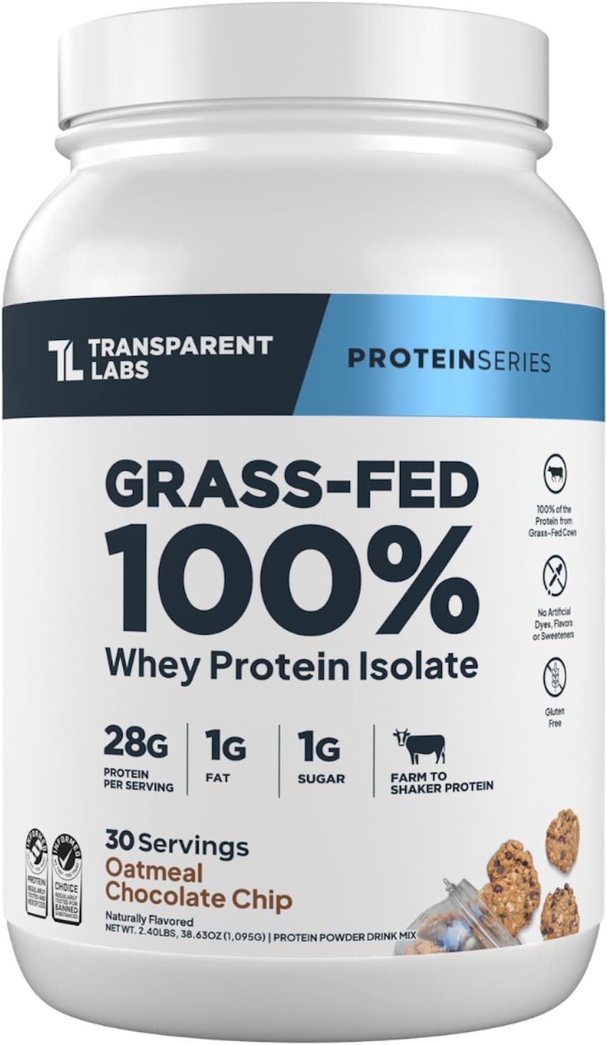 Transparent Labs Grass-Fed Whey Protein Isolate – Naturally Flavored, Gluten Free Grassfed Whey Protein Powder w/ 28g Protein per Serving & 9 Amino Acids – 30 Servings, Oatmeal Chocolate Chip Cookie
