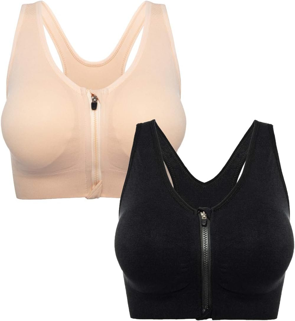 FLORATA Women’s Zip Front Sports Bra Seamless Wirefree Post Surgery Bra Padded Sports Bras Yoga Bra with Removable Cups