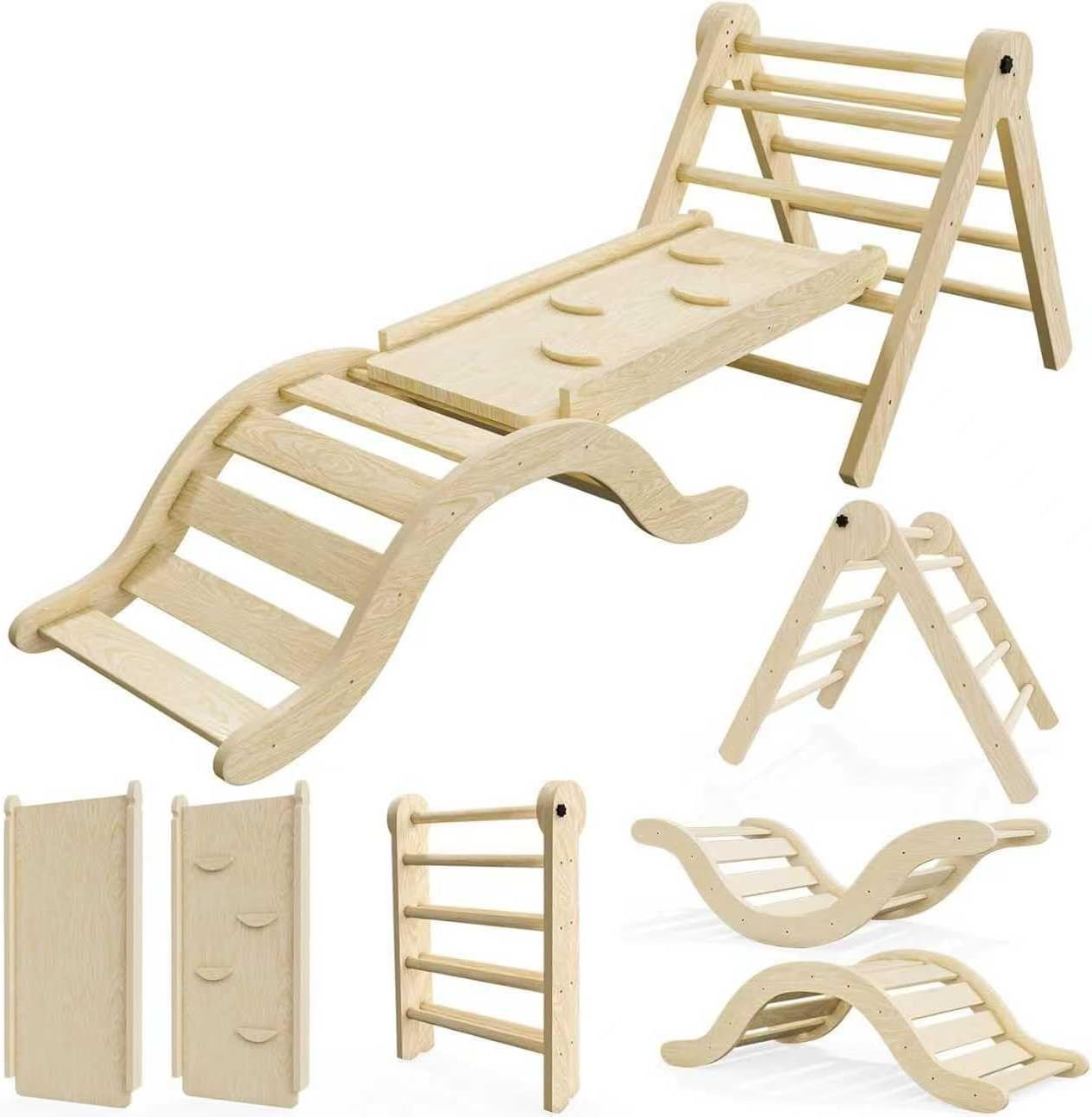 bbgroundgrm Pikler Triangle Set Climber 5 in 1, Toddler Climbing Toys Indoor Folding with Ramp & Arch for Montessori Play Gym for Toddlers and Kids (Natural)(99″ Wx21 Dx23 H)