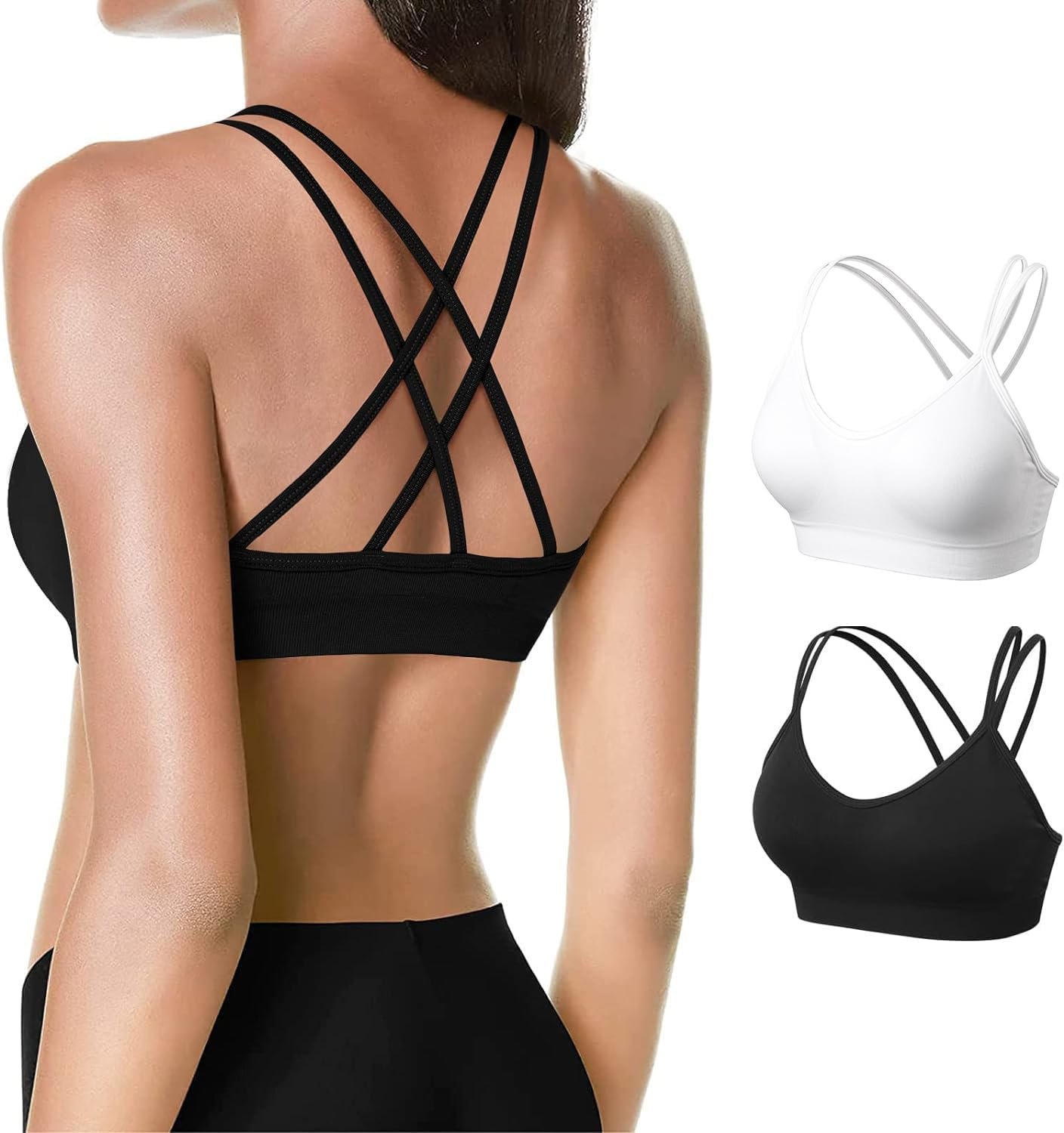 VEQKING Women’s Cross Back Sports Bra Padded Strappy Medium Support Yoga Bra for Workout Fitness 3 Pack