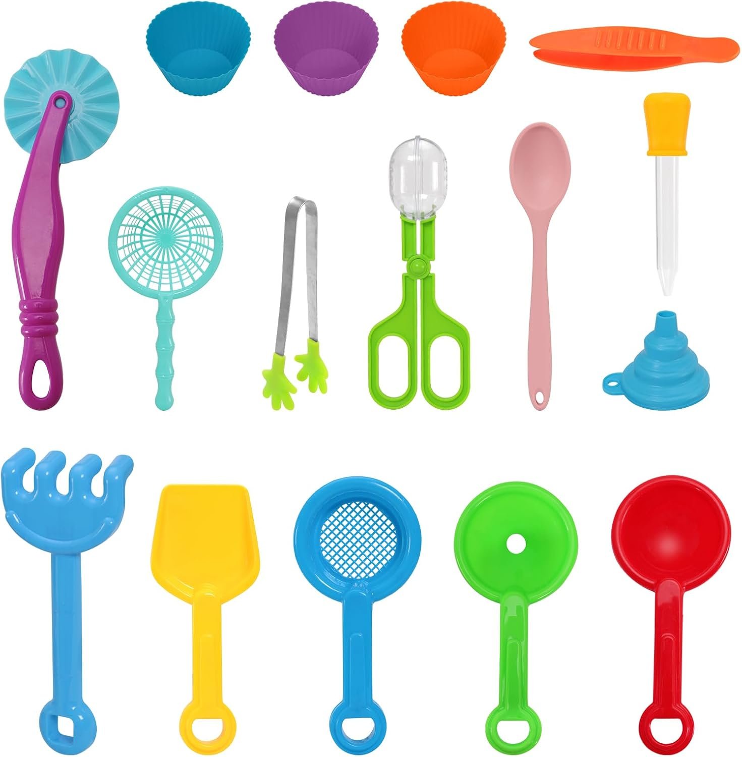 16 Pieces Sensory Bin Filler Plastic Sensory Bin Tools Fine Motor Skills Handy Scooper Set with 6 Scoops Beach Shovel Scissor Clip Tweezers Silicone Tong Funnel Dropper Sorting Bowls