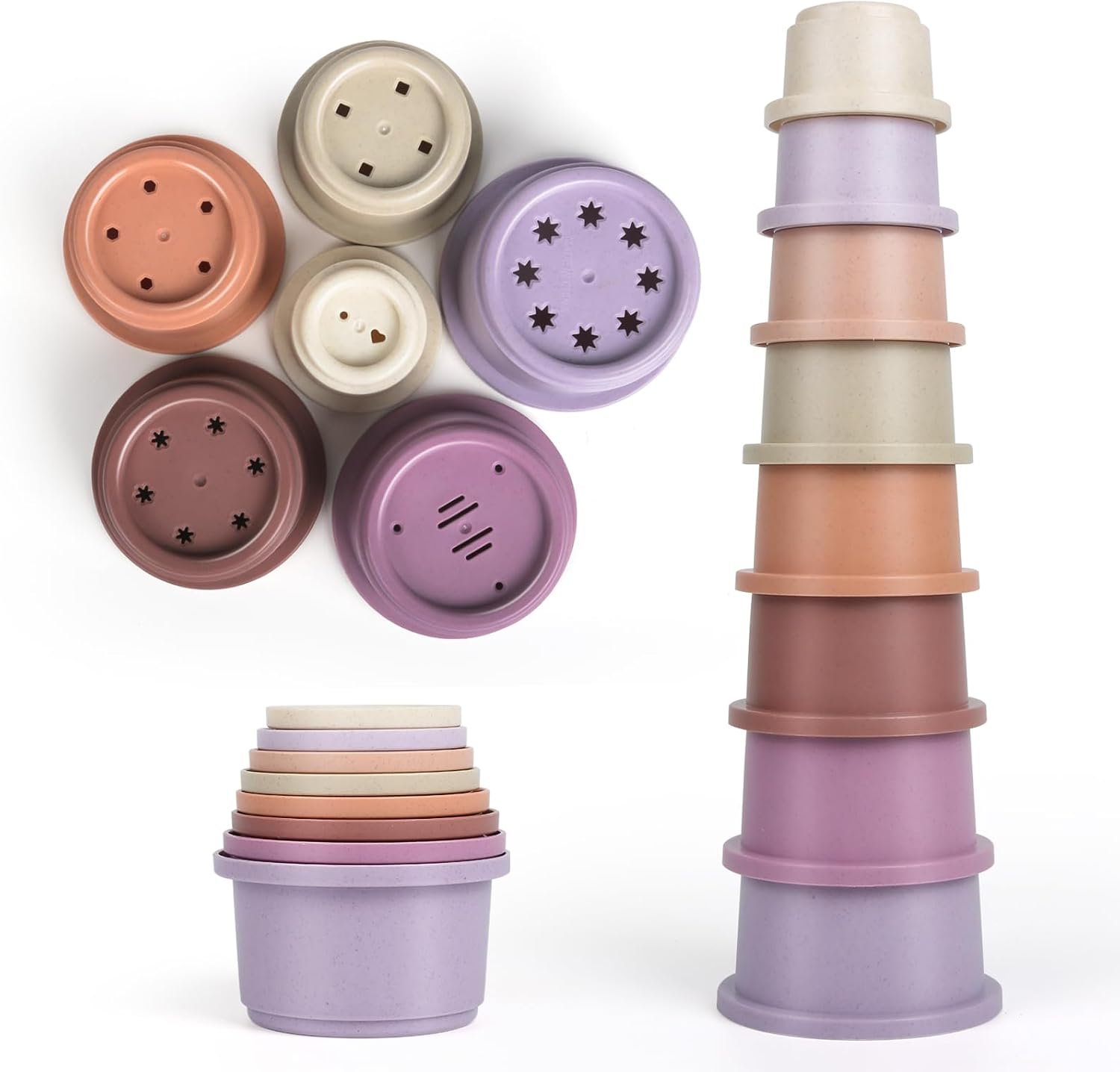 Baby Stacking Cup for Toddler 1-3, 8PCS Counting Nesting Measuring Set, Stackable Bath Toy for 6-12 Months Kids, Educational Montessori Gift for Boys and Girls, Natural Sugarcane Container for Rabbits
