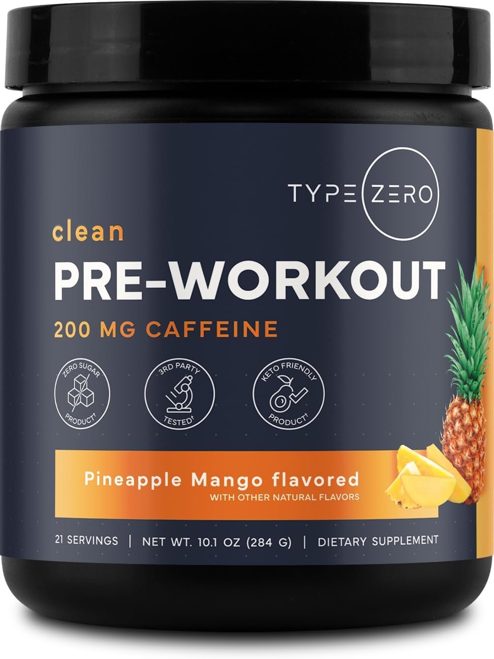 Type Zero Clean Pre Workout Powder – 200mg Natural Caffeine, L-Citrulline Malate, Beta Alanine, Alpha GPC, Huperzine A, Himalayan Salt – Sugar Free, 21 Servings, Pineapple Mango