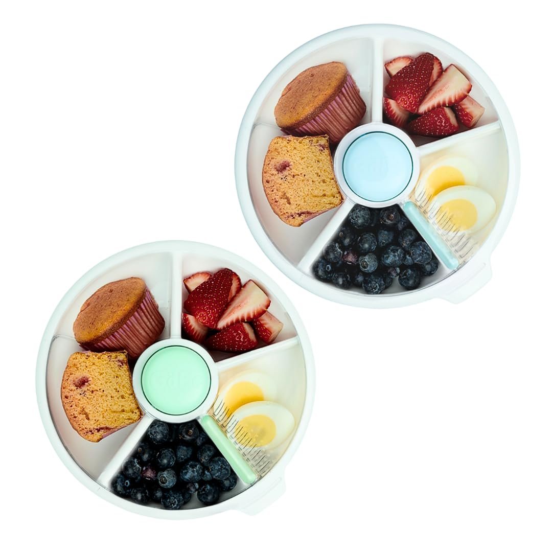 GoBe Kids Mint Green and Macaron Blue Large Snack Spinner – Reusable Snack Container with 5 Compartment Dispenser and Lid | BPA and PVC Free | Dishwasher Safe | No Spill, Leakproof