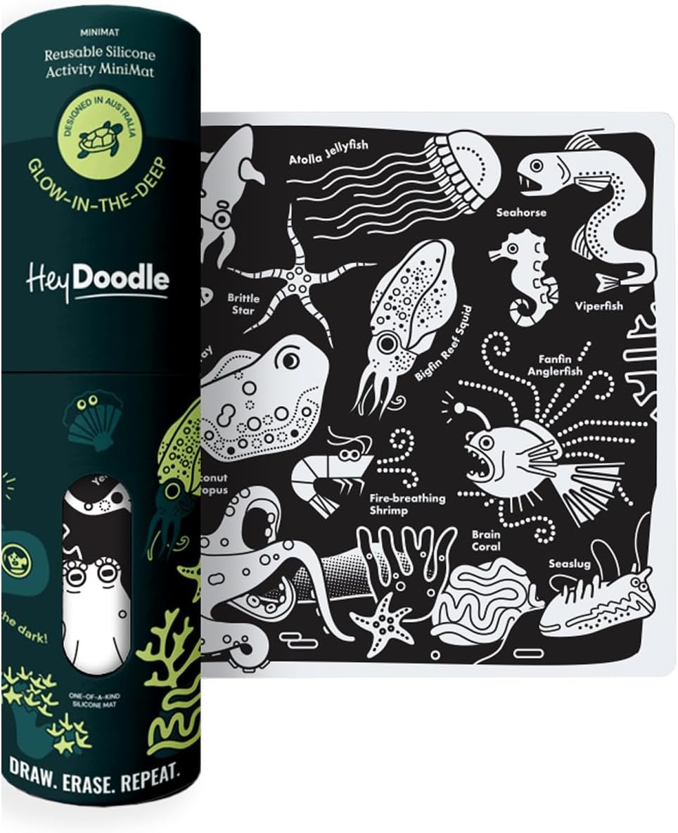 HeyDoodle Glow-in-The-Deep Mini Coloring Mat – Compact Reusable Glow-in-The-Dark Silicone Kids Activity Mat, Wipe-Clean Ocean Doodle Mat with 3 Dry Erase Markers