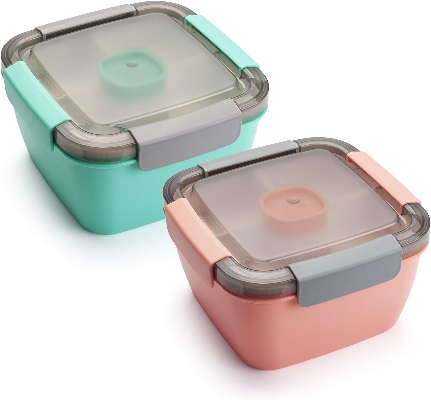 Freshmage Salad Lunch Containers To Go, 2 Pack 52-oz Bowls with 3 Compartments, Dressing Containers for Toppings, Snacks – Pink & Green