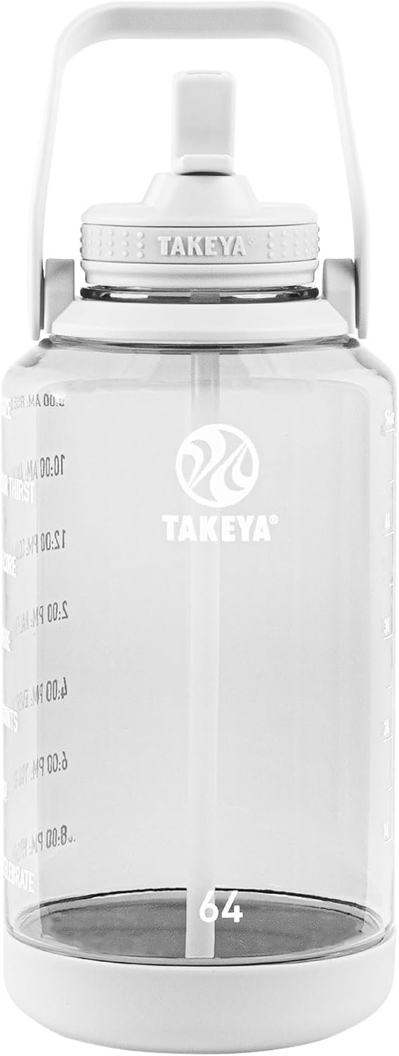Takeya Motivational Water Bottle with Straw Lid and Time Marker (64 oz, Cloud White) – Leakproof, BPA Free Water Bottle for Daily Intake Tracking