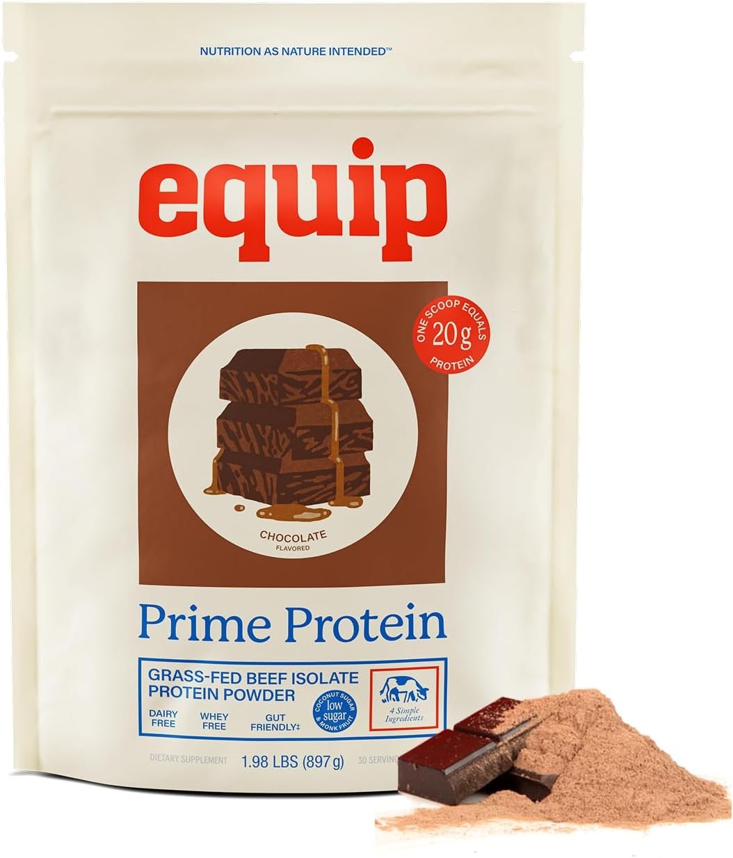 Equip Prime Chocolate Protein Powder – Gut-Friendly, Low Sugar Protein Shake Powder with Grass-Fed Beef & Natural Collagen – Rich & Creamy Mix – 21g Per Serving – Whey & Dairy-Free (30 Scoops)