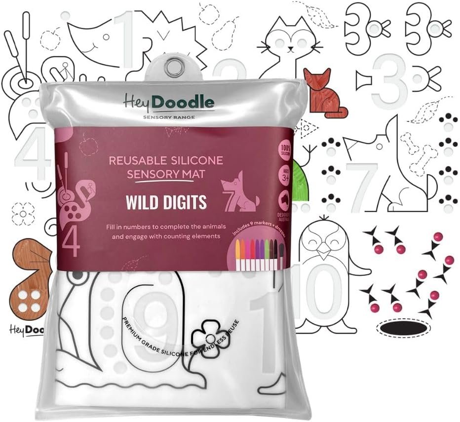 HeyDoodle Wild Digits Sensory Mat – Reusable Silicone Activity Mat for Kids with Educational Themes & Debossed Areas – Doodle Pad Set Includes 9 Markers and a Water Dropper – Coloring Mat for Ages 3-7