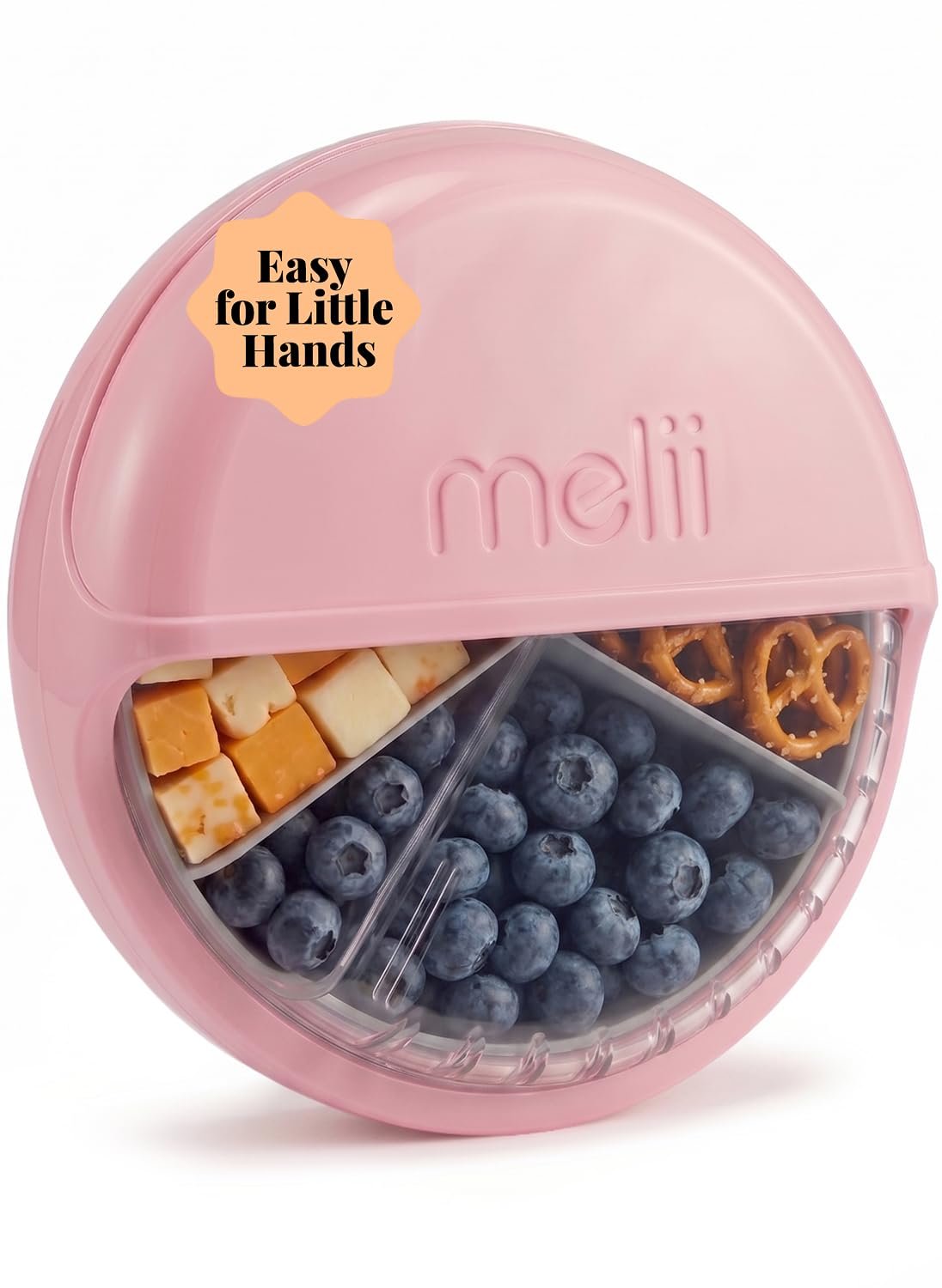 melii Spin Snack Container | 3-Compartment Rotating Snack Box with Sliding Window, BPA-Free, Dishwasher Safe, Portable Snack Container for Kids Ages 3+ (Pink)