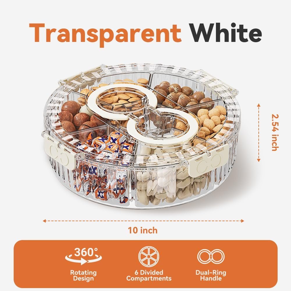 Koja Rotating Snackle Box Container with Lid – Portable Divided Serving Tray for Snacks, Nuts, Candy, Charcuterie, Veggies & Fruit – 360° Turntable Food Organizer for Parties, Movie Night & Travel