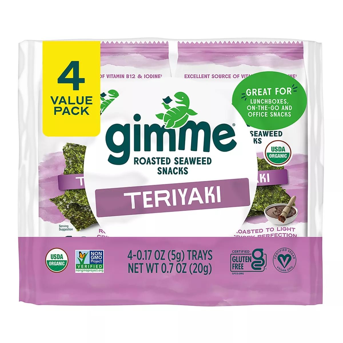 Gimme Seaweed – Teriyaki – 4 Count – Organic Roasted Seaweed SheetsKeto, Vegan, Gluten Free – Great Source of Iodine & Omega 3’s – Healthy On-The-Go Snack for Kids Adults